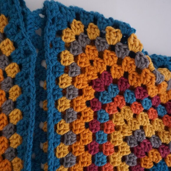 VTG Handmade Crochet Granny Square Cardigan Teal Mustard Retro Boho Sweater L - Picture 11 of 11